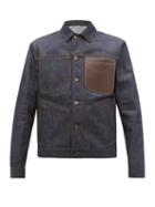 Matchesfashion.com Burberry - Spencer Leather Trimmed Denim Jacket - Mens - Dark Blue