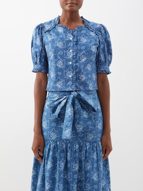 Batsheva - Thea Ruffled Floral-print Cotton Top - Womens - Blue White