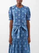 Batsheva - Thea Ruffled Floral-print Cotton Top - Womens - Blue White