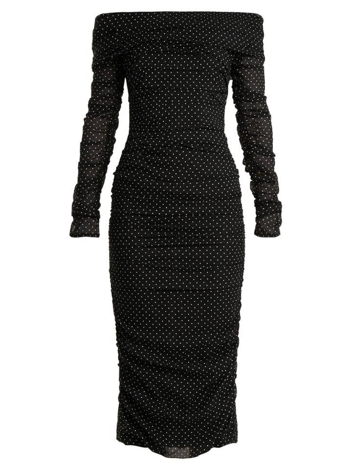 Dolce & Gabbana Off-the-shoulder Polka Dot-print Silk-blend Dress