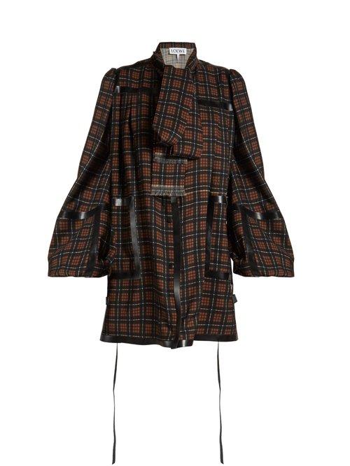 Matchesfashion.com Loewe - Leather Trimmed Checked Wool Mini Dress - Womens - Black Brown