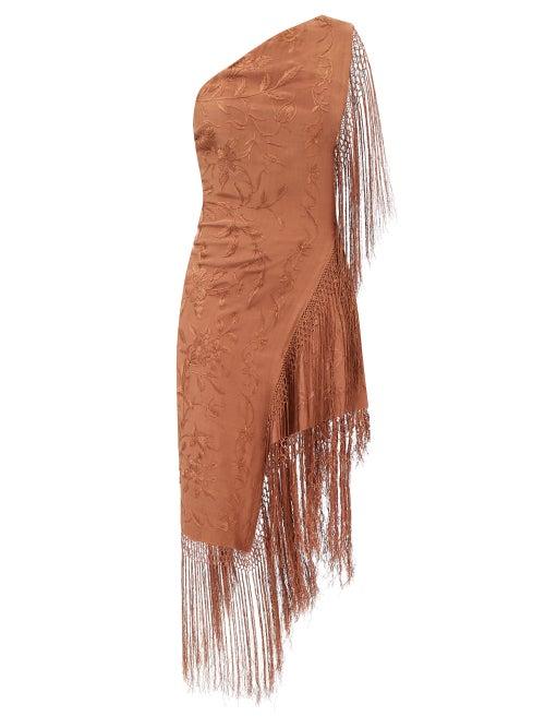 Conner Ives - Floral-embroidered Upcycled Silk Shawl Dress - Womens - Brown Multi