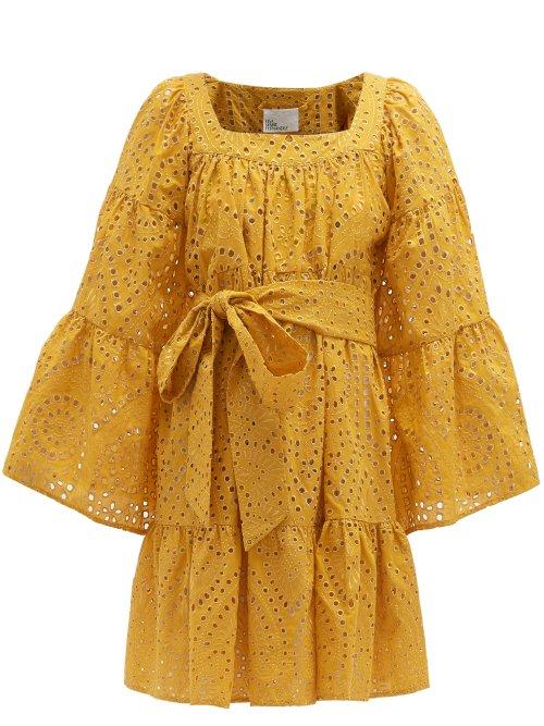 Matchesfashion.com Lisa Marie Fernandez - Bell Sleeve Eyelet Lace Cotton Mini Dress - Womens - Yellow