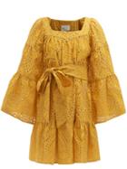 Matchesfashion.com Lisa Marie Fernandez - Bell Sleeve Eyelet Lace Cotton Mini Dress - Womens - Yellow