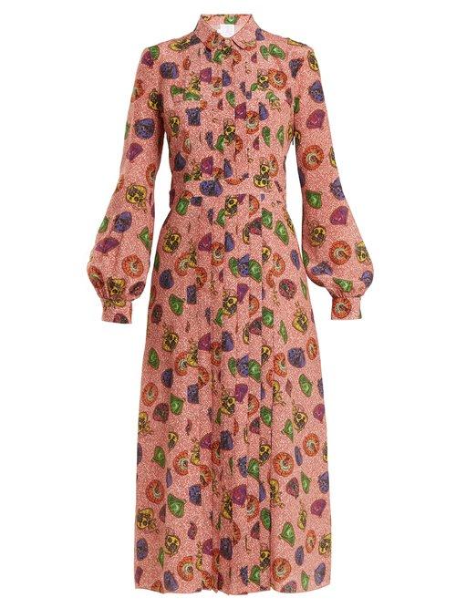 Matchesfashion.com Stella Jean - Graphic Print Pleat Front Silk Shirtdress - Womens - Pink Multi