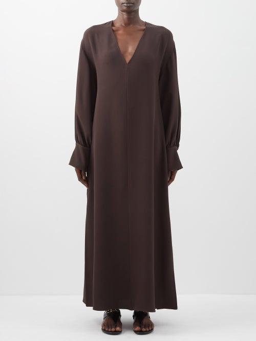 Valentino - Cady Couture V-neck Silk Dress - Womens - Brown