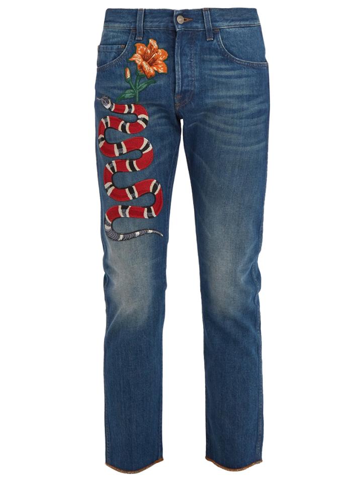 Gucci Snake And Flower-appliqu Cropped Jeans