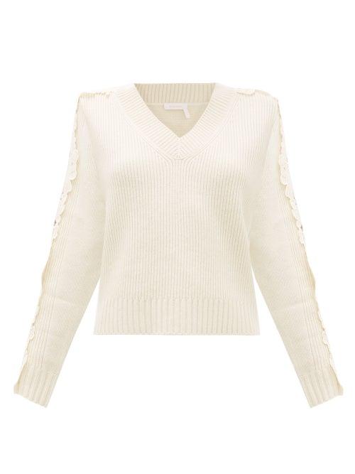 Matchesfashion.com See By Chlo - Floral Lace Sleeve Insert Wool Blend Sweater - Womens - Ivory