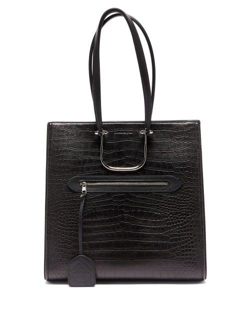 Ladies Bags Alexander Mcqueen - The Tall Story Crocodile-effect Leather Tote Bag - Womens - Black