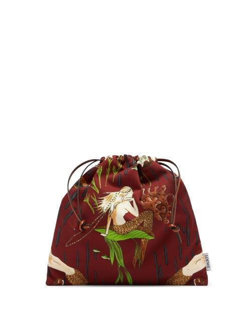 Matchesfashion.com Loewe Paula's Ibiza - Mermaid-print Small Drawstring Canvas Pouch - Womens - Burgundy Multi