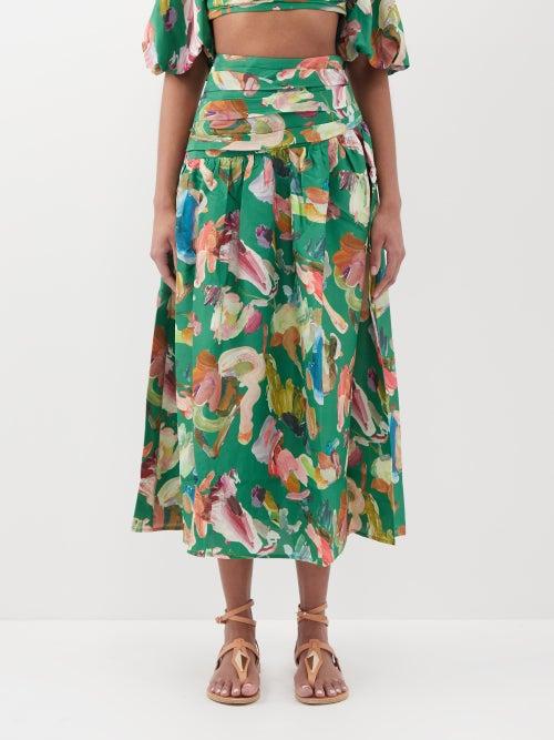 Ale Mais - Arlo Brushstroke-print Silk Midi Skirt - Womens - Green Multi