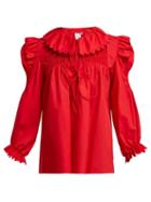 Matchesfashion.com Horror Vacui - Defensia Smocked Cotton Blouse - Womens - Red