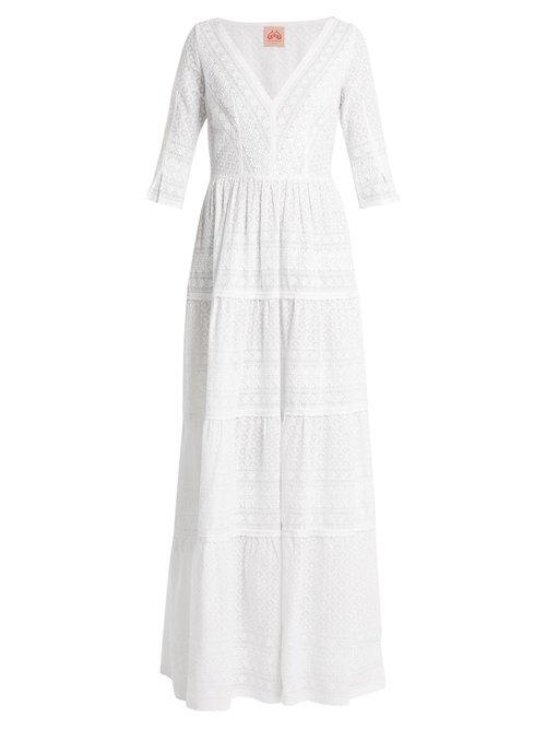 Matchesfashion.com Le Sirenuse, Positano - Anita V Neck Embroidered Cotton Dress - Womens - White
