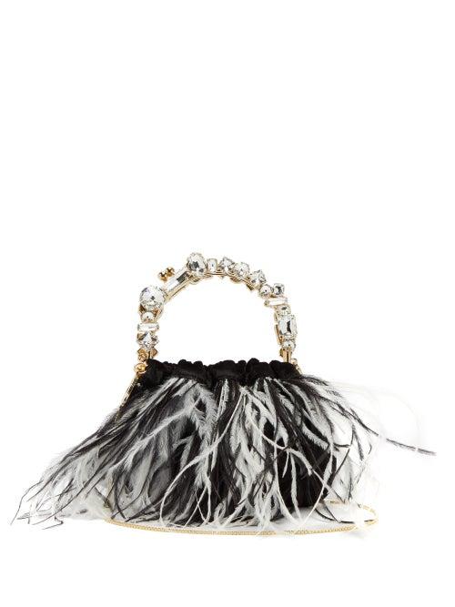 Matchesfashion.com Rosantica By Michela Panero - Diana Feather Trimmed Velvet Clutch - Womens - Black Multi