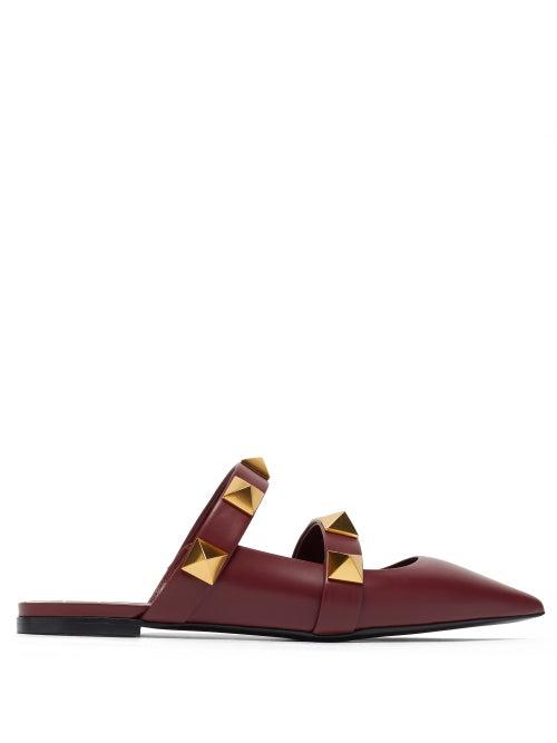 Matchesfashion.com Valentino Garavani - Roman Stud Two-strap Leather Mules - Womens - Burgundy