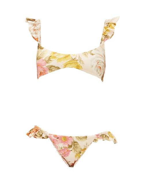 Matchesfashion.com Zimmermann - Bonita Ruffled Floral-print Bikini - Womens - Cream Print