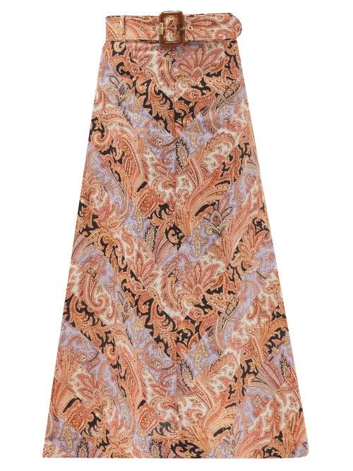Matchesfashion.com Zimmermann - Wild Botanica Paisley-print Belted Linen Skirt - Womens - Pink Multi