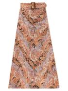 Matchesfashion.com Zimmermann - Wild Botanica Paisley-print Belted Linen Skirt - Womens - Pink Multi