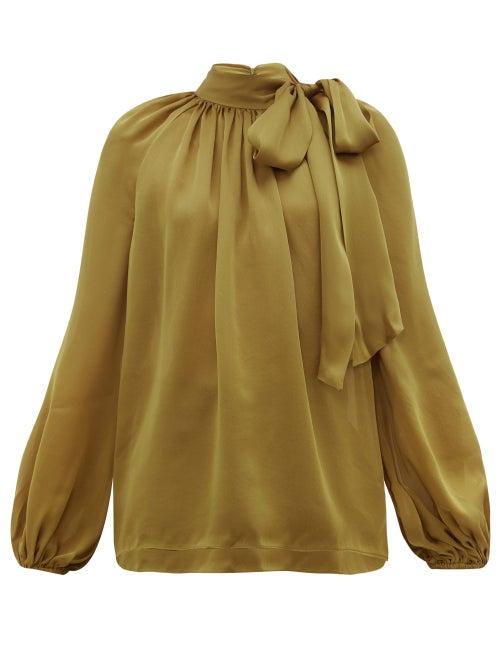 Matchesfashion.com Zimmermann - Super Eight Pussy-bow Silk-charmeuse Blouse - Womens - Khaki