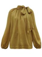 Matchesfashion.com Zimmermann - Super Eight Pussy-bow Silk-charmeuse Blouse - Womens - Khaki