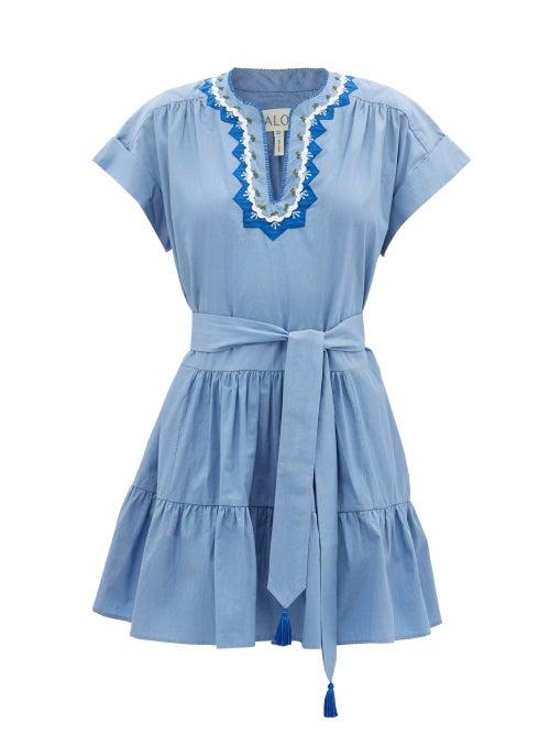 Ladies Rtw Saloni - Ashley Belted Embroidered Cotton-poplin Midi Dress - Womens - Light Blue