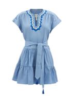 Ladies Rtw Saloni - Ashley Belted Embroidered Cotton-poplin Midi Dress - Womens - Light Blue