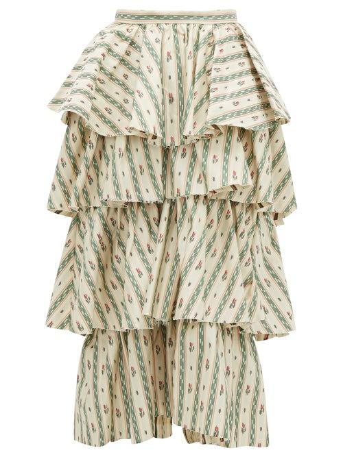 Matchesfashion.com Brock Collection - Tiered Floral Cotton Jacquard Skirt - Womens - Ivory Multi