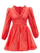 Zimmermann - Ruffled Puff-sleeve Linen-blend Organza Mini Dress - Womens - Mid Red