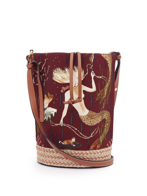 Matchesfashion.com Loewe Paula's Ibiza - Gate Mermaid-print Canvas Bucket Bag - Womens - Burgundy Multi
