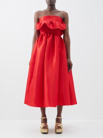 Kika Vargas - Lynn Strapless Ruffled Taffeta Midi Dress - Womens - Red