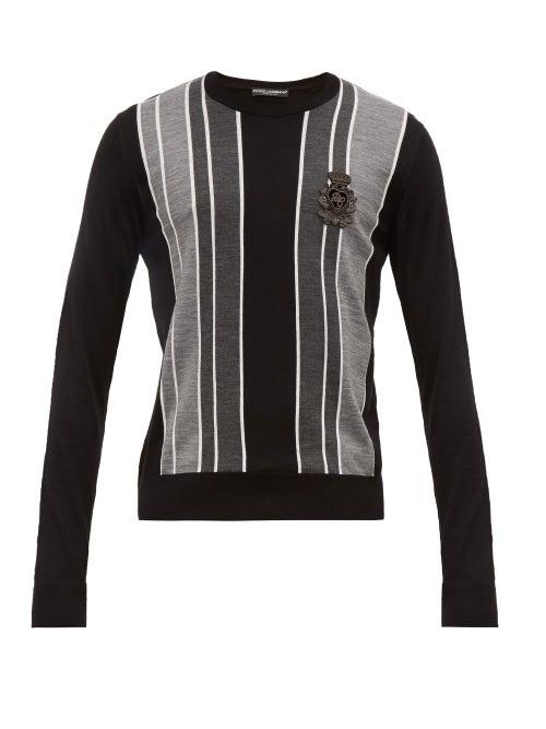 Matchesfashion.com Dolce & Gabbana - Embroidered Logo Striped Virgin Wool Sweater - Mens - Grey Multi