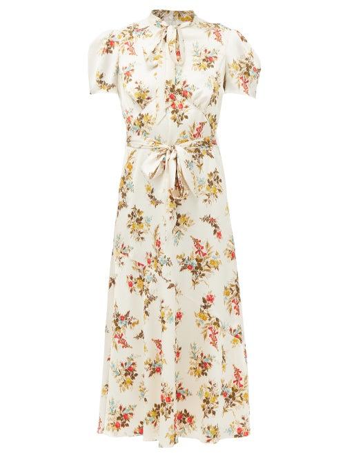 Erdem - Elmer Belted Floral-print Satin Midi Dress - Womens - Ivory