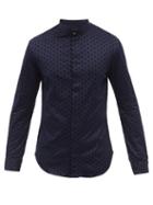 Mens Rtw Giorgio Armani - Diamond-flocked Collarless Cotton Poplin Shirt - Mens - Dark Navy