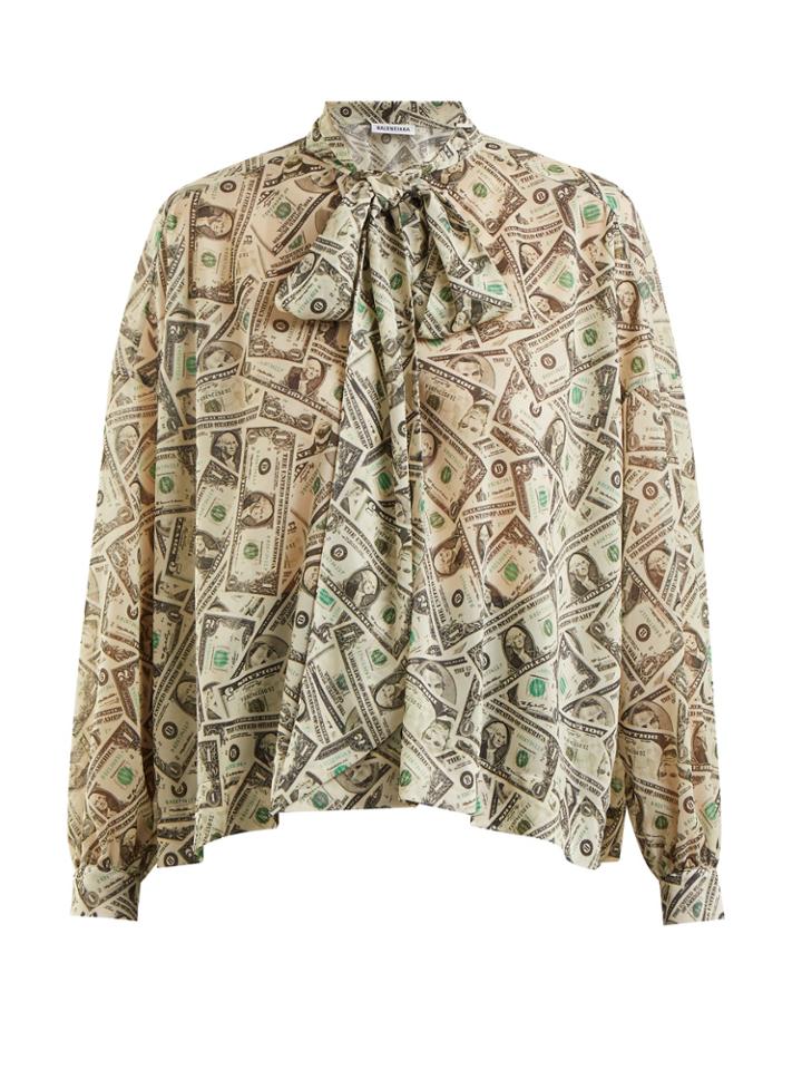 Balenciaga Dollar-print Tie-neck Blouse