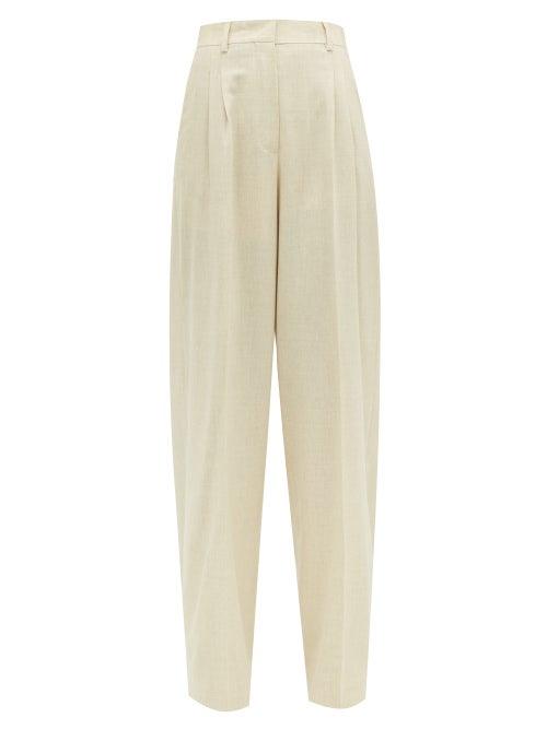 Matchesfashion.com Fendi - High Rise Wool Blend Wide Leg Trousers - Womens - Beige