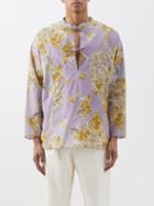 L.e.j - Floral-print Tie-placket Cotton-blend Shirt - Mens - Purple Multi