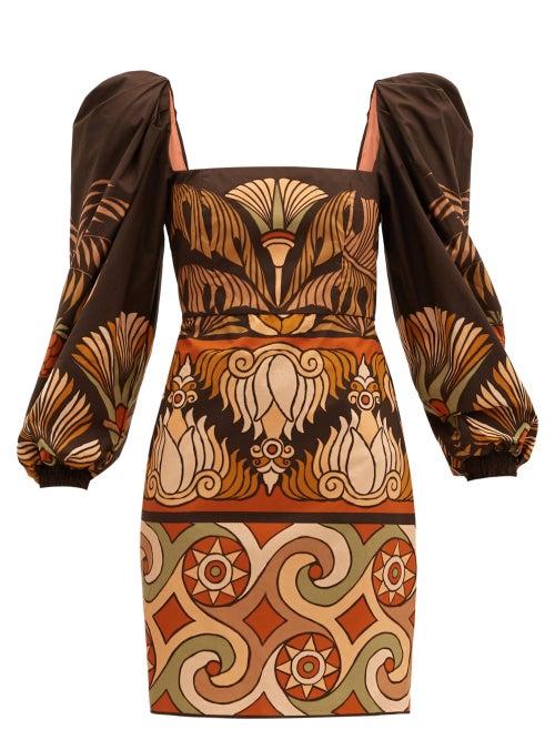 Matchesfashion.com Johanna Ortiz - Deluge Puff-sleeved Cotton-poplin Dress - Womens - Brown Multi