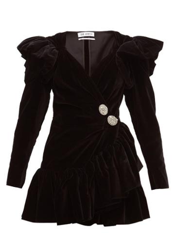 Matchesfashion.com The Attico - Crystal Button Ruffled Velvet Wrap Dress - Womens - Black