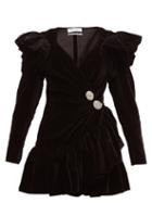 Matchesfashion.com The Attico - Crystal Button Ruffled Velvet Wrap Dress - Womens - Black