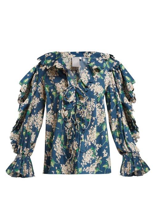 Matchesfashion.com Horror Vacui - Celestine Scalloped Cotton Blouse - Womens - Navy Multi