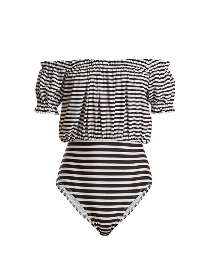 Norma Kamali Jose Mio Striped Off-the-shoulder Swimsuit