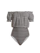 Norma Kamali Jose Mio Striped Off-the-shoulder Swimsuit