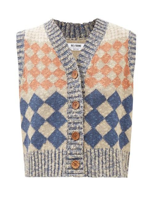 Re/done - 50s Diamond-jacquard Linen-blend Cardigan Vest - Womens - Beige Multi