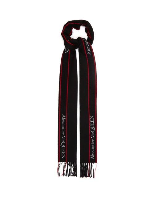 Alexander Mcqueen - Logo-jacquard Fringed Wool-blend Scarf - Womens - Black Red