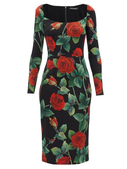 Dolce & Gabbana - Rose-print Silk-blend Cady Midi Dress - Womens - Red Multi