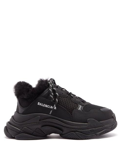 Balenciaga - Triple S Faux-fur, Leather And Mesh Trainers - Womens - Black