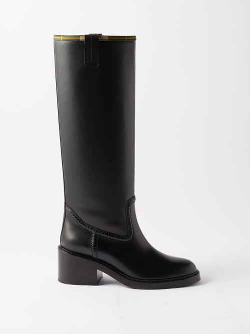 Chlo - X Barbour Tartan-trimmed Leather Knee-high Boots - Womens - Black