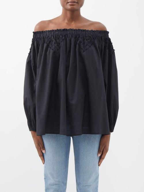 Merlette - Marle Off-the-shoulder Smocked Pima-cotton Top - Womens - Black