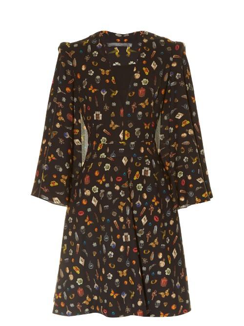 Alexander Mcqueen Obsession-print Cape-sleeved Crepe Dress