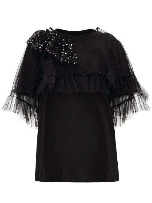 Matchesfashion.com Simone Rocha - Puff-sleeve Tulle-cape Cotton T-shirt - Womens - Black